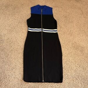 Sleeveless Black Midi Dress with Royal Blue Yoke and Striped Waist